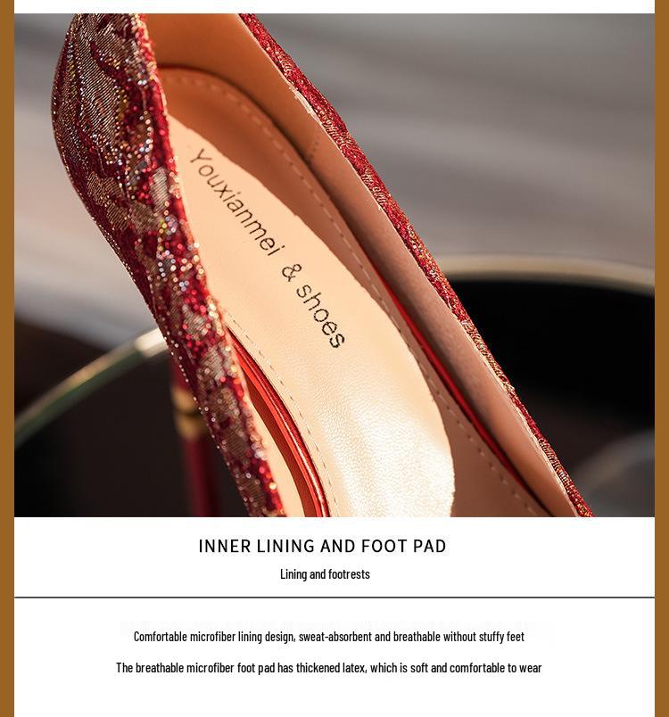 Elegant Red Silk Stiletto Heels with Gold Trim - Ideal for Weddings, Banquets, and Formal Events