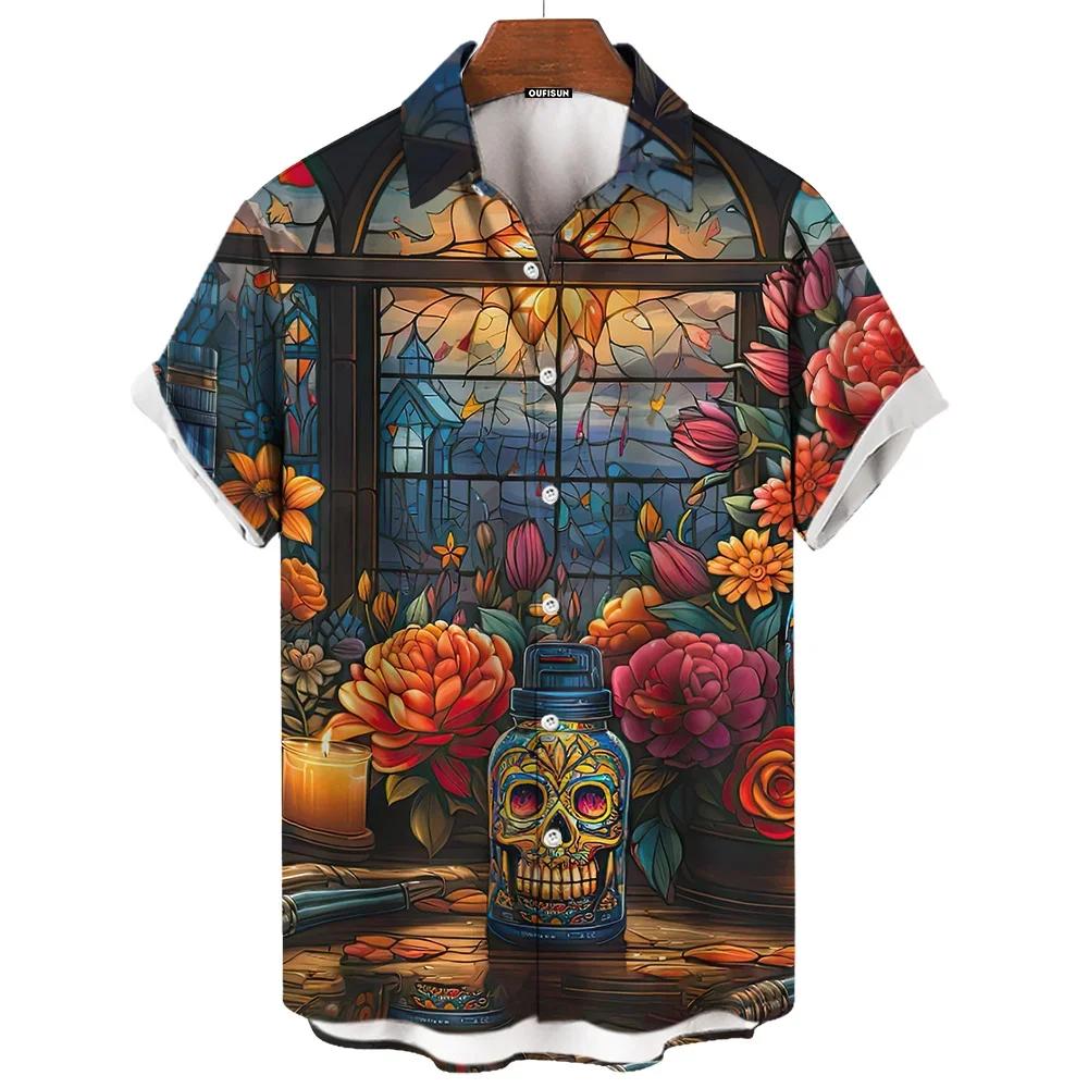 Men's Shirts Skull Face 3d Print Short Sleeve Day of The Dead Shirt Skull Retro Loose Oversized Man Clothing Festival Clothing