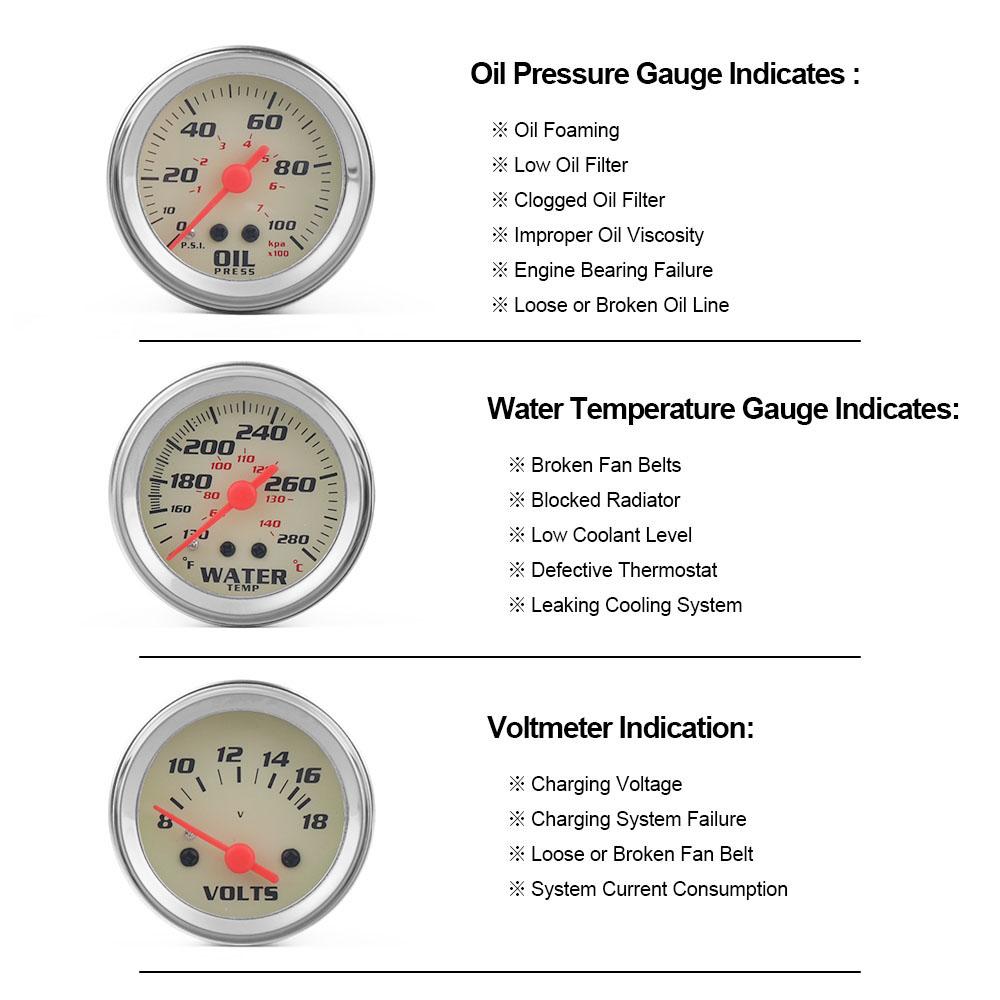 Zestaw potrójnych wskaźników 2-calowy chromowany panel temperatura wody Fahrenheit/Celsjusz woltomierz wskaźnik ciśnienia oleju PSI/kpa biała tarcza żółte światło