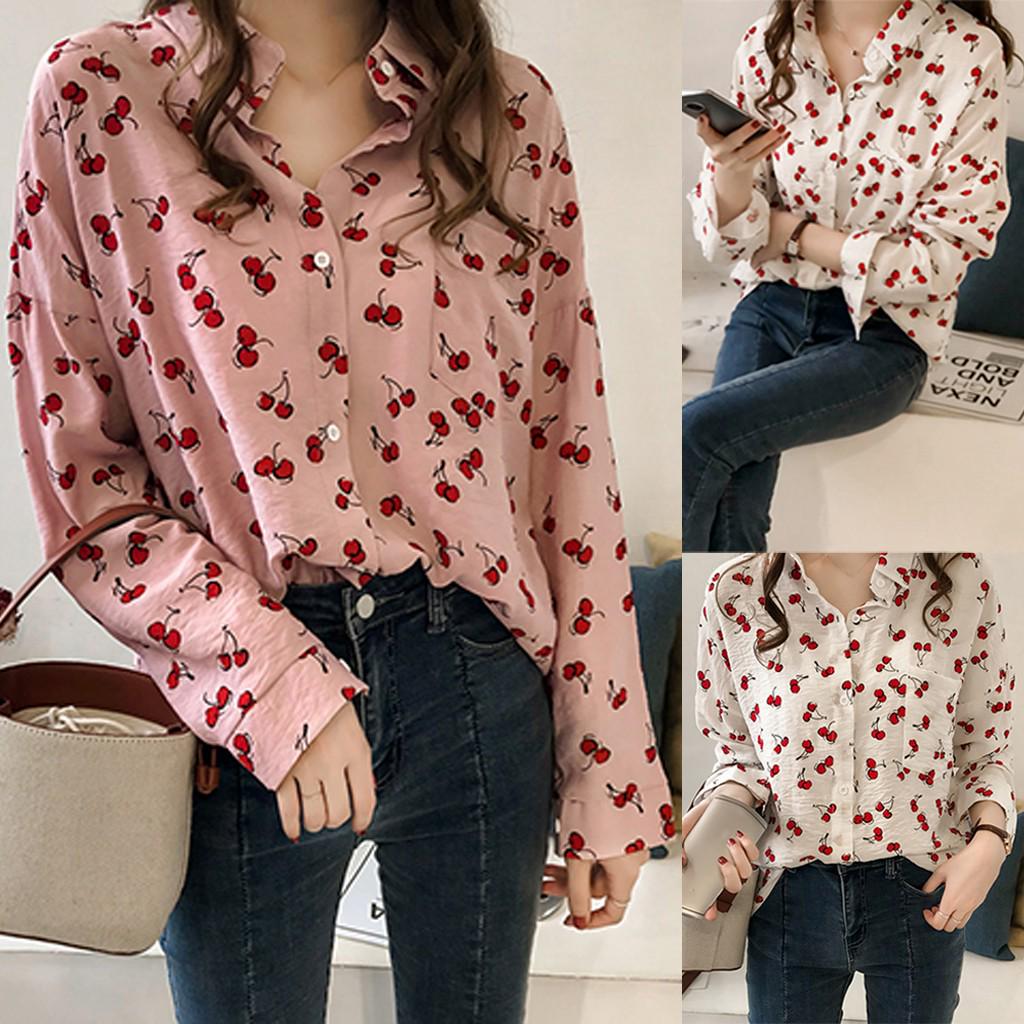 

Lady Fashion Women Top Retro Printing Long Sleeve Lapel Casual Shirt Blouse