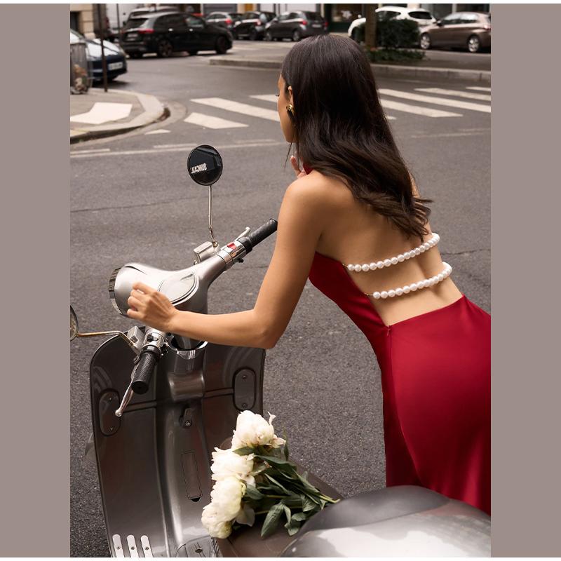 Women's Satin Sexy V-neck Temperament Halter Dress Summer New Slim Long Skirt Halter