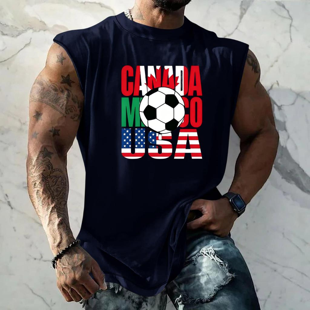 Men Sleeveless Tank Top Loose Fit Basic Vest Soccer Themed Graphic Print Summer Casual Sportswear Muscle Shirt