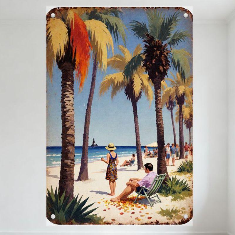 

Vintage Tropical Beach Scene Metal Tin Sign, Suny Palm Trees Ocean Lighthouse Sailboats Wall Plaque, Retro Vacation Home Cafe Ba 20x30cm（7.8x11.8inch）