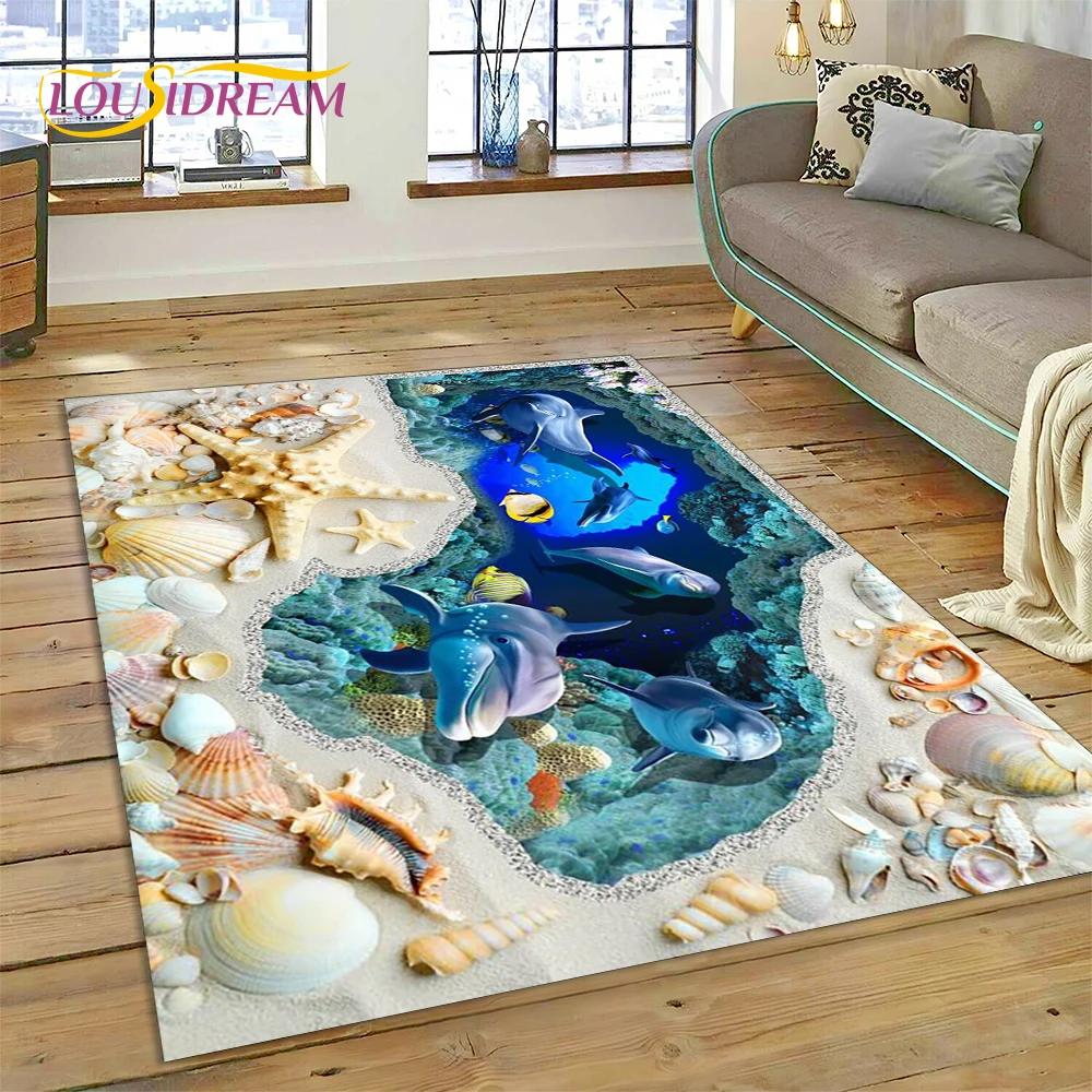 3D Illusion Underwater World Seabed Shark Dolphin Cartoon Carpet Rug for Bedroom Living Room Sofa Decoration,Kid Decor Floor Mat