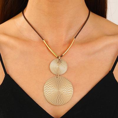New Exaggerated Pattern Double Round Cake Metal Texture Geometric Round Card Rope Chain Necklace Pendant For Women