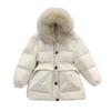 High-end white duck down tooling down jacket women's medium and long 2024 winter new fashion waist big fur collar jacket