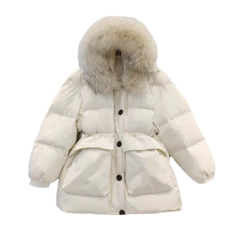 High-end white duck down tooling down jacket women's medium and long 2024 winter new fashion waist big fur collar jacket
