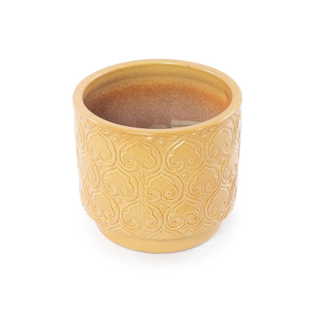 Mini Small Ceramic Plant Pot Ø19 cm, Glossy Warm Yellow Heart-Ornament Relief, Breathable Drainage Hole for Mini Succulents and Desktop Herbs