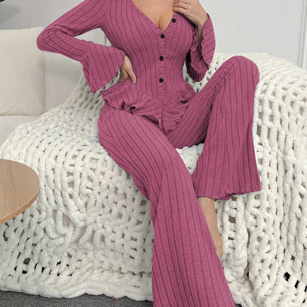 New 2-Piece Women's Spring Autumn Pure Color Elegant Women's Simple Long-Sleeved Pants Pajama Set Homewear Clothes