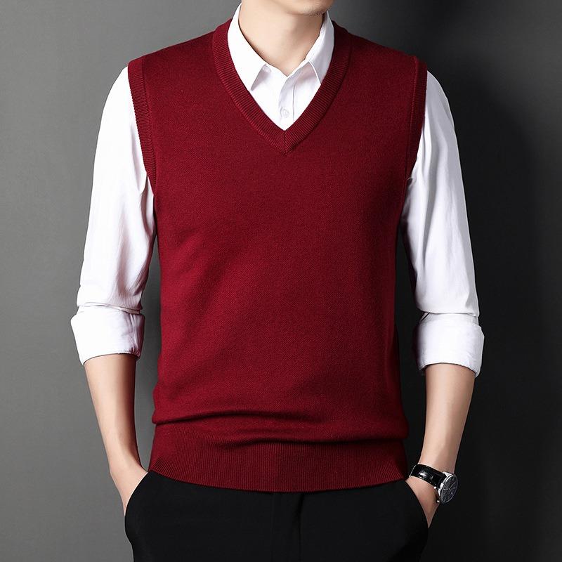Solid Color V Neck Sleeveless Thick Knit Vest Men Business Casual Inner Sweater