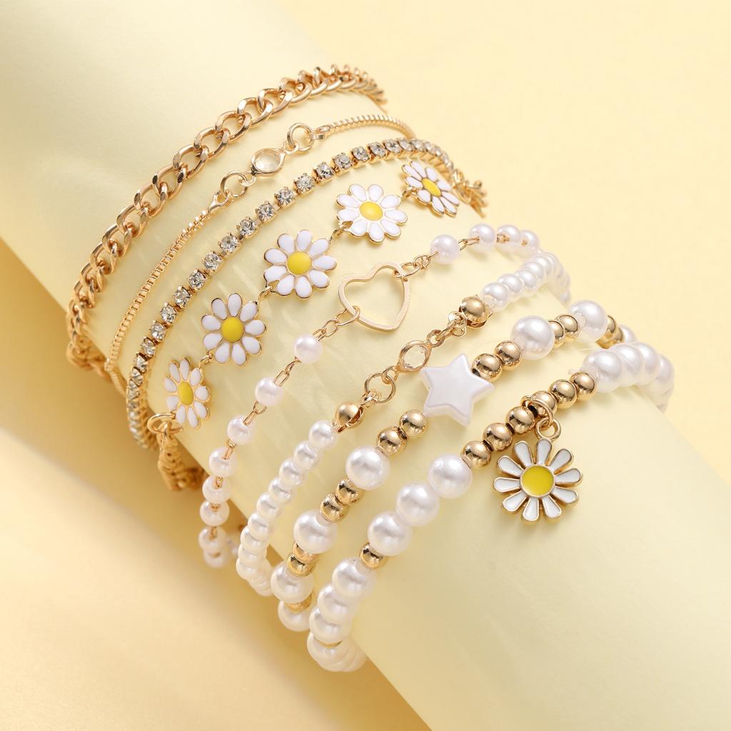 5/8pcs Set Of Girls Lovely Creative Pentagram Daisy String Handmade Bracelet Watch Set