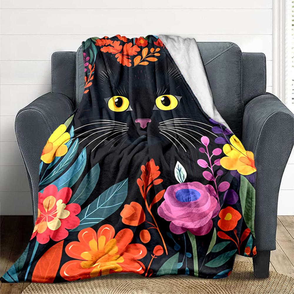 1pc Cat Flowers Lightweight Flannel Blanket, Comfortable and Warm Blanket, for Office and Camping Sofa Bed, Livingroom144