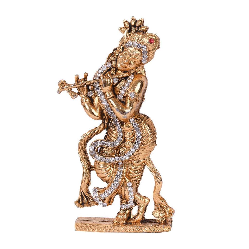 Gold Plated Flute Playing Krishna Idol Showpiece - Metal Krishna Statue for Car Dashboard - Hindu God Religious Idol Krishan Figurine for Janmashtami