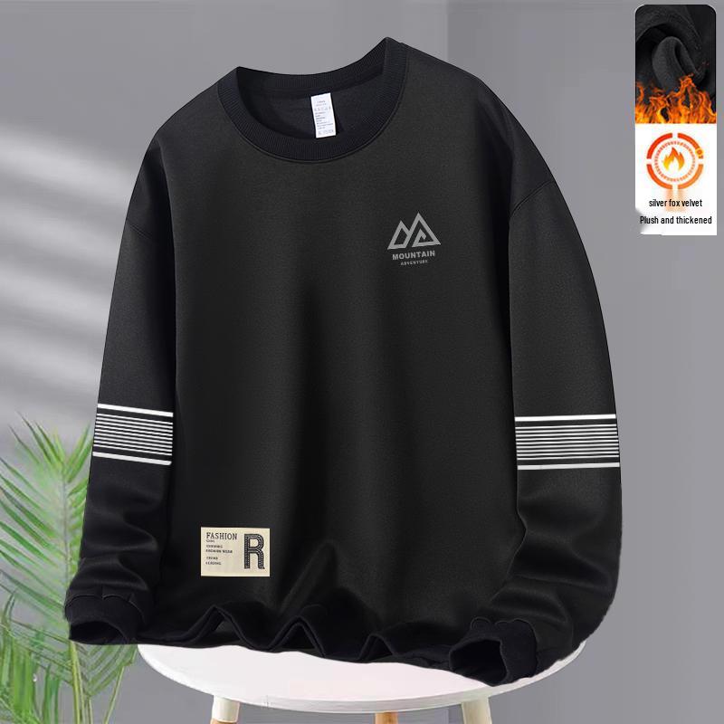 Men's Casual Loose Fit Round Neck Plus Velvet Pullover Hoodie - Autumn Winter Long Sleeve Base Layer Top
