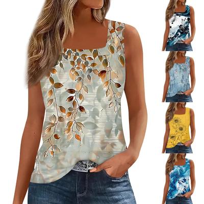 Square Collar Tank Top Women Print Tank Tee Casual Loose Fit Sleeveless Shirt