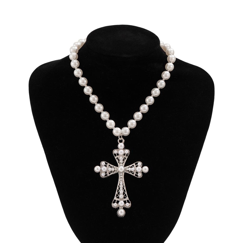 Multiple Layers Fold Wear Imitation Pearl Chain Beaded Gothic Cross Pendant Necklace  for Women Retro Punk Collar Jewelry Gifts