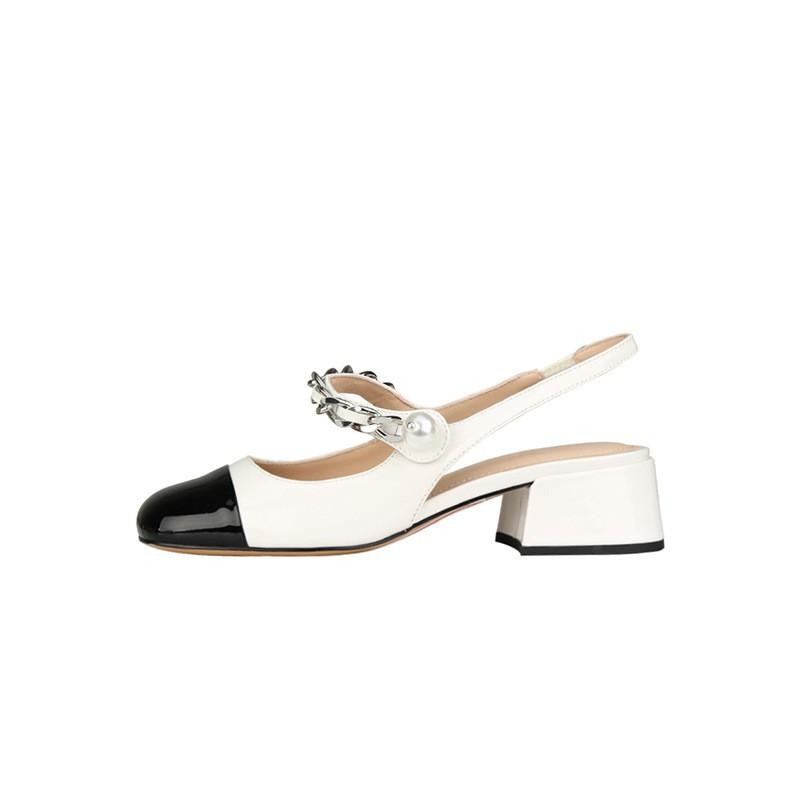 

Sheepskin version~ French color matching leather thick heel small sandals women s summer pearls one word with bag head sandals women s sandals 35