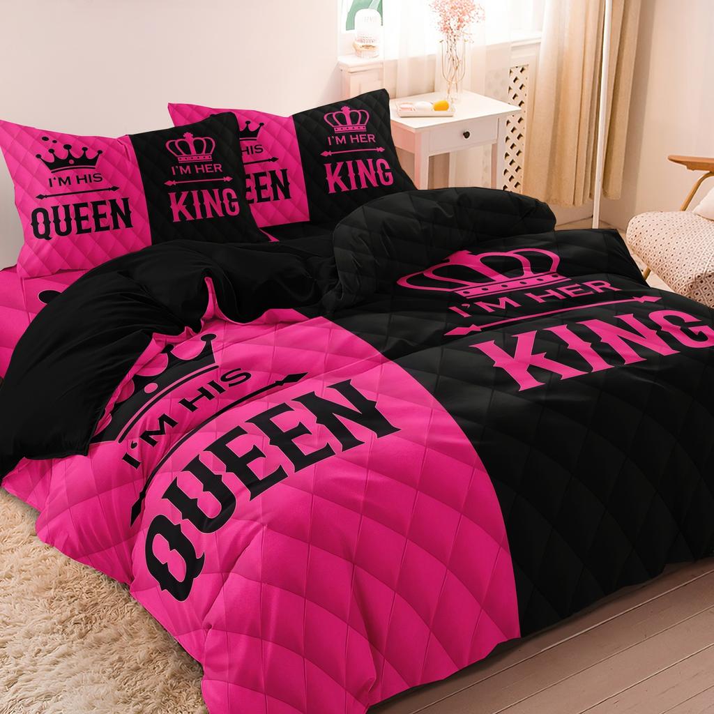 3pcs Couple's King & Queen Printed Duvet Cover SetRomantic Heart Crown Design Pink Black Contrast for Sweetness with Elegance