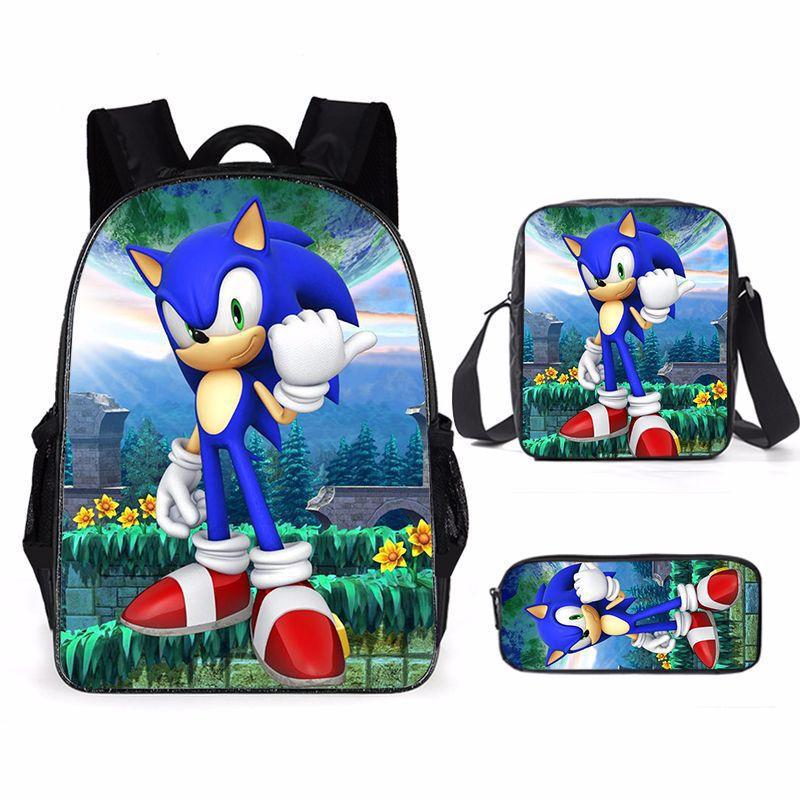 Sonic Primary School Student Schoolbag Three-Piece Set, Animation Cartoon Backpack, Shoulder Bag Pencil Case