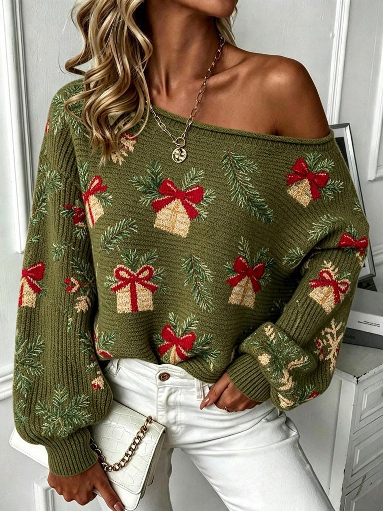 Cozy One-Shoulder Long Sleeve Knit Sweater for Women - Warm Christmas Autumn/Winter Style 2026