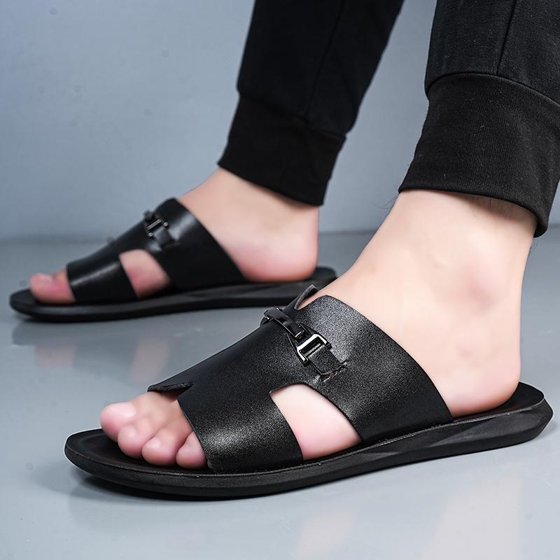 Herren Schwarz Leder Pantoffeln Flach Sommer Braun Sandalen Outdoor Weiß Breite Spitze Strandschuhe für Vater Übergröße 46 47 48