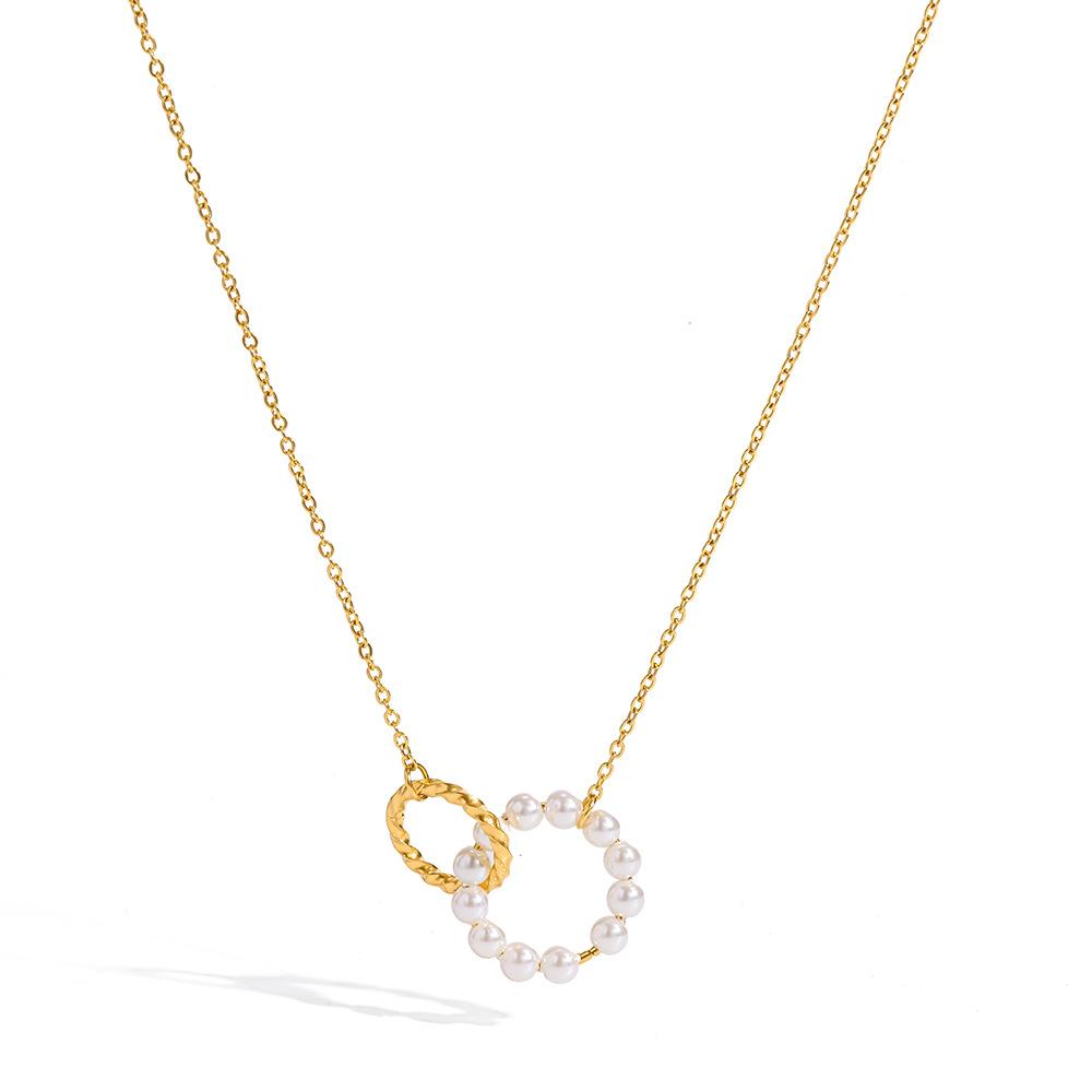 European and American sweet imitation pearl double ring stainless steel necklace women's light luxury niche plated 18k gold jewelry does not fade