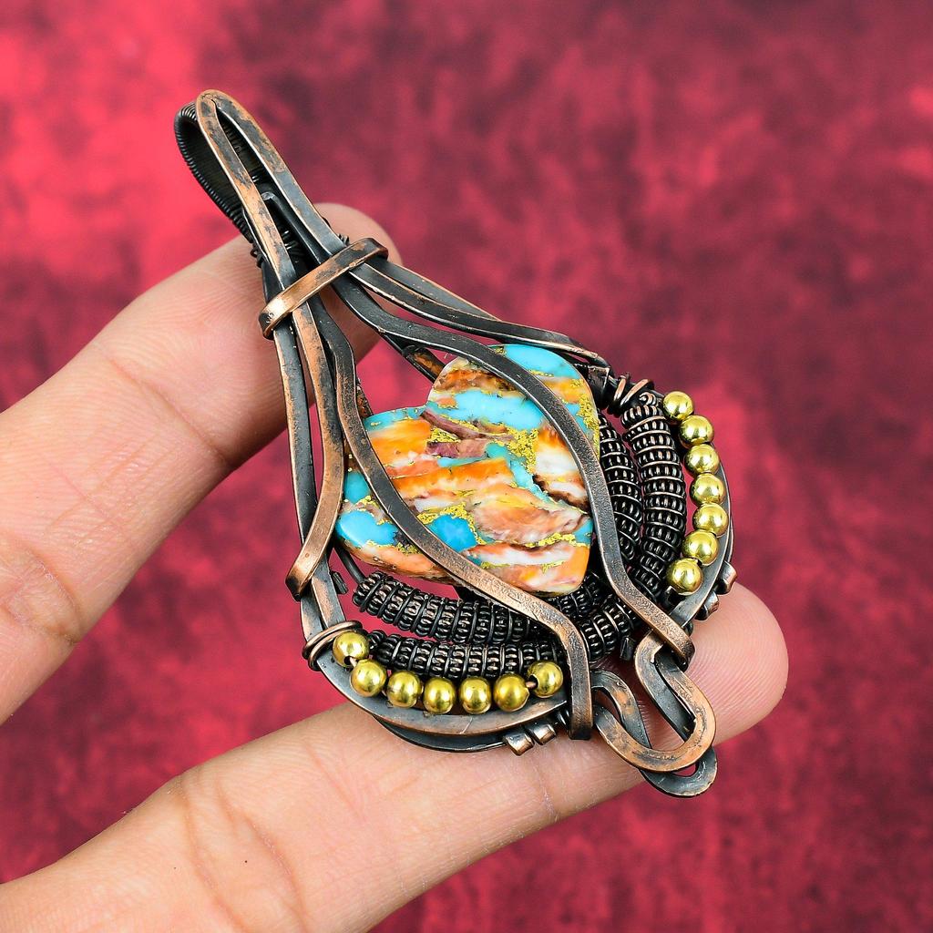 Spiny Oyster Copper Turquoise Pendant Copper Wire Wrapped Pendant Handmade Jewelry Gemstone Pendant Copper Jewelry For Gifts Antique Jewelry
