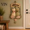 Office Space Hanging Decor Floral Cat Couple Welcome Sign, Wooden Wall Ornament, Pastoral Vintage Style Ornament Art Plaque for Living Room Bedroom &