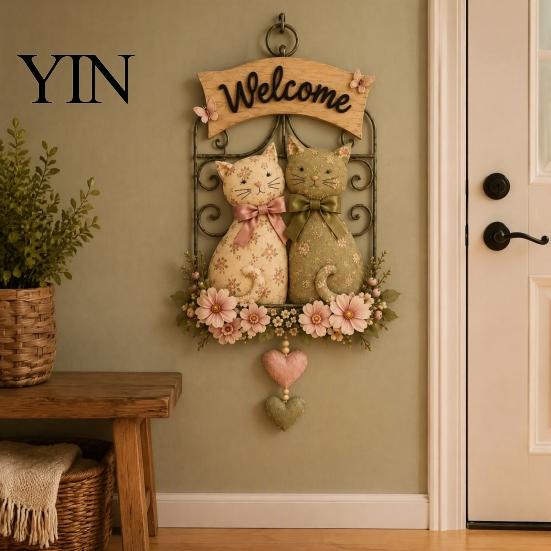 Office Space Hanging Decor Floral Cat Couple Welcome Sign, Wooden Wall Ornament, Pastoral Vintage Style Ornament Art Plaque for Living Room Bedroom &