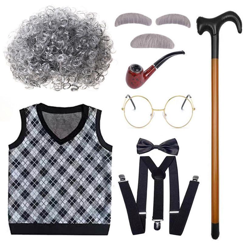 Classic Grandfather Costume Wig Set Featuring Short Soft Curly Hair And Stylish Vest For Kids