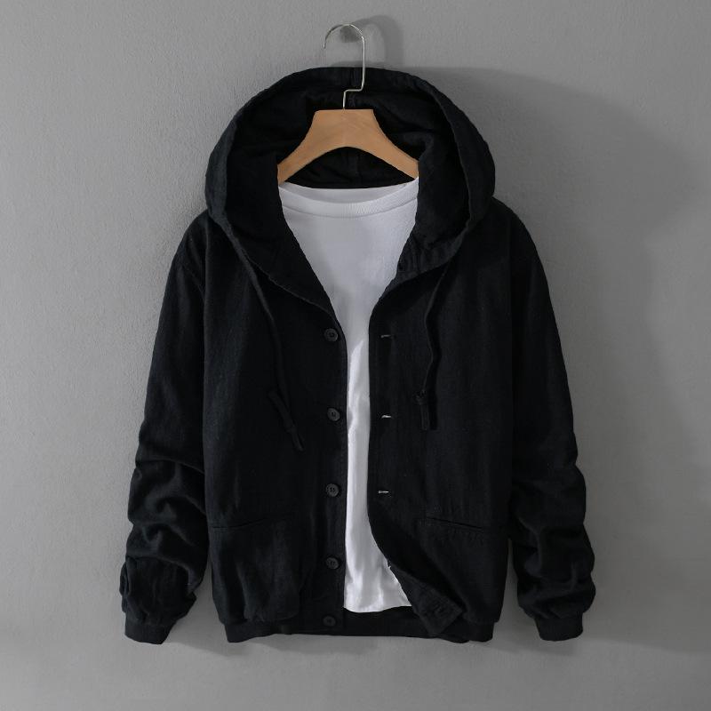 Linen Hooded Jacket for Men Casual Trend Spring Autumn Outerwear Blazer Top Clothes