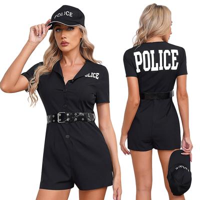 Womens Policewoman Cosplay Costume Short Sleeve Letter Print Romper Metal Eyelet Belt Cap 3 Piece Set Uniform