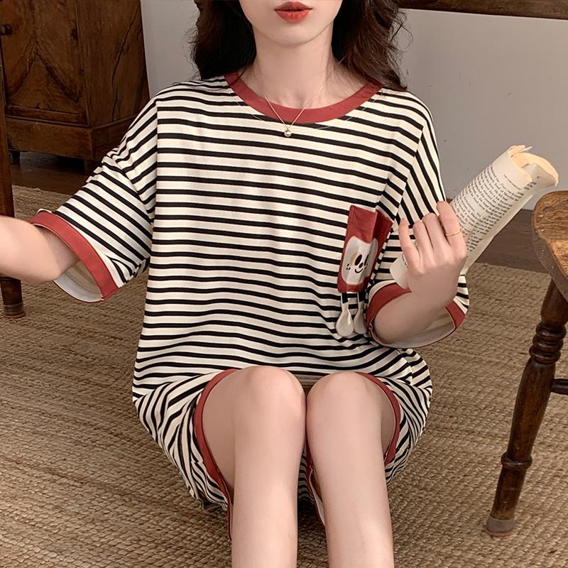 Summer Woman Pajama Cotton Cartoon Sleepwear Orange Cartoon Printing Pyjamas Set Young Lady Shorts Pullover Lingeries