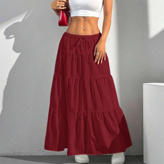 Women Long Skirt Spring Summer Middle Waist A Line Flowy Swing Skirt Breathable Solid Color Elastic Waist Drawstring Pleated Casual Skirt