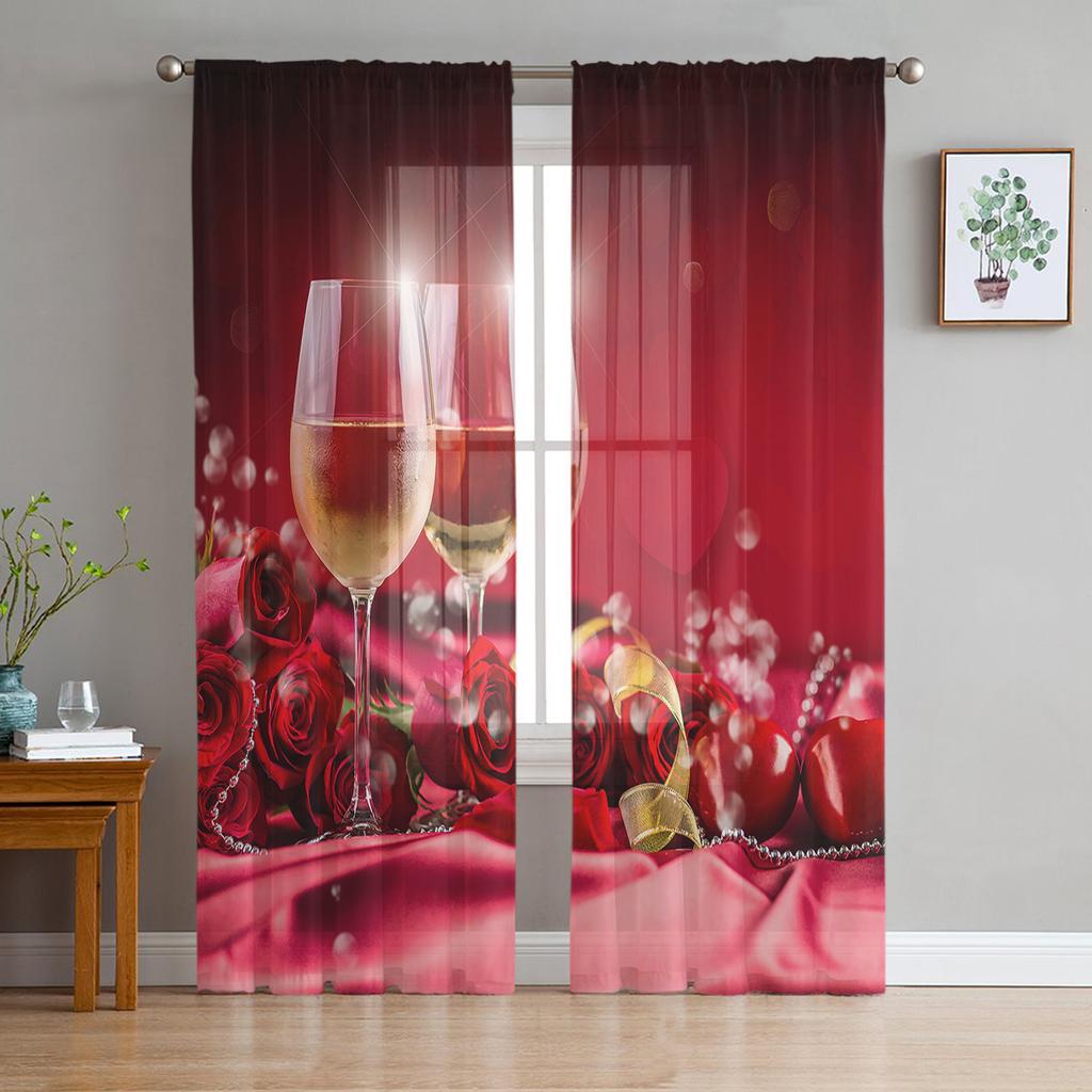 Rote Rose Blume Grünes Blatt Pflanze Schöne Transparente Vorhänge für Wohnzimmer Schlafzimmer Dekoration Fenster Voiles Morgentüllvorhang