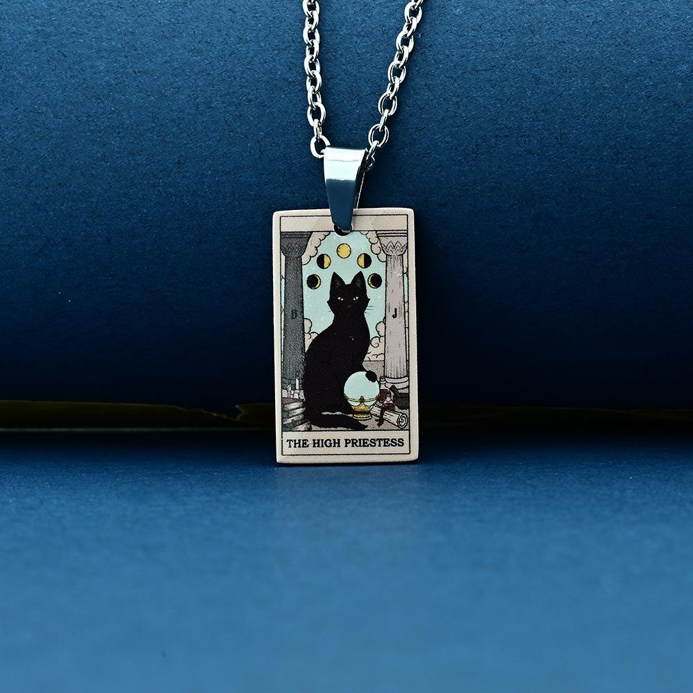 Stainless Steel Cat Tarot Card Necklace for Men Women Animal Divination Jewelry Accessory