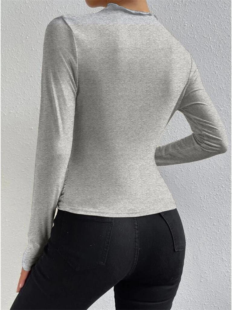 2024 High Neck Solid Color Slim-Fit Women's Long Sleeve Ruched T-Shirt