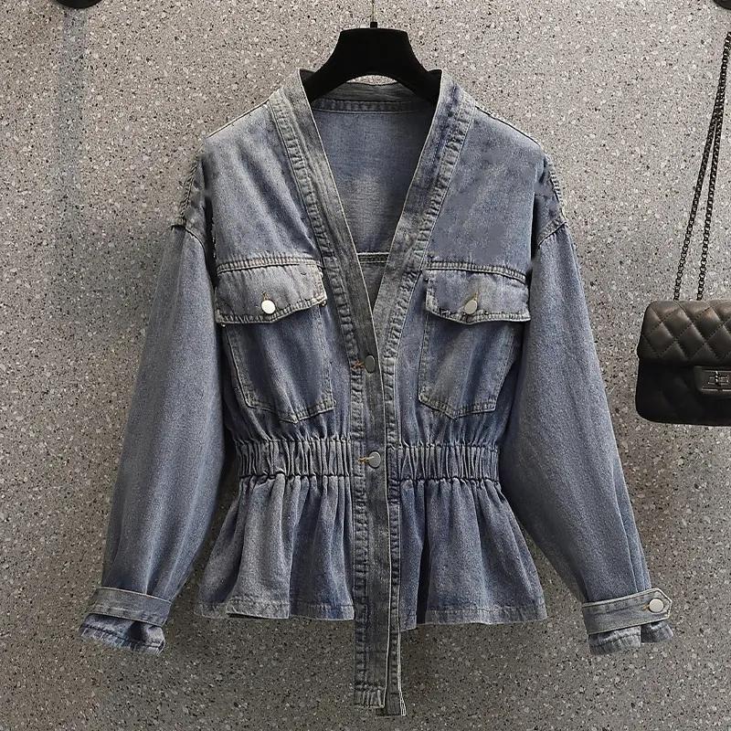 

Women s Denim Jacket Spring Autumn V-neck Versatile Ladies Korean Version Appear Thin Female Cowboy Coat XL