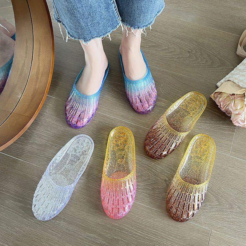 Summer New Baotou Cool Slippers for Women Flat Bottom Home Indoor Anti Slip Hollow Jelly Shoes for Women