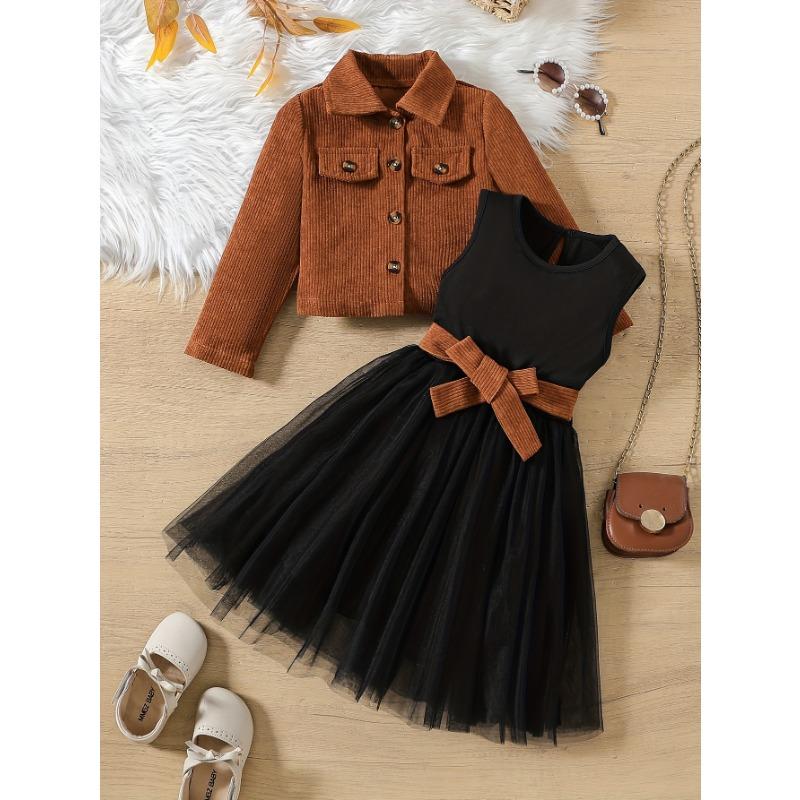 

Девочки Осенний Комплект Безрукавный Пушистый Пряжа Юбка Пояс Накладной Карман Воротник Пальто с Длинным Рукавом Топ Модный 120cm