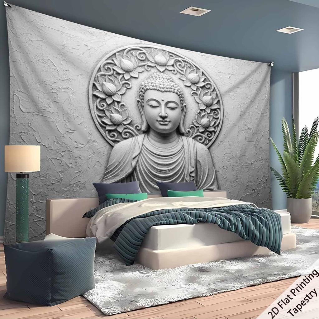 Buddha Statue and Lotus Flower Digital Printing Polyester Wall Tapestry Suitable for Use In Living Rooms Bedrooms Bars and Party