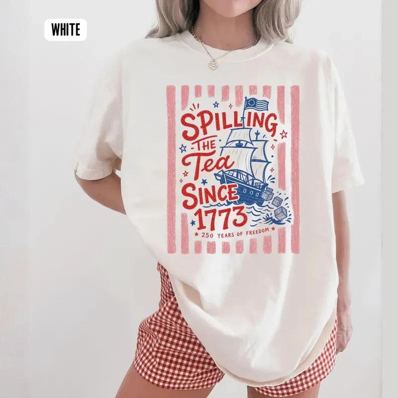 Striped Spilling The Tea Since 1773 Shirt Funny 4th Of July Tee Preppy Patriot S