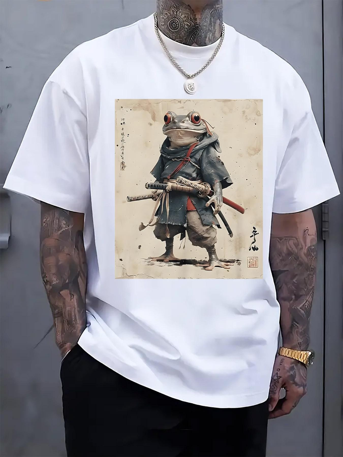 Casual Crew Neck Short Sleeve T-shirt with Samurai Frog Print - Regular Fit XXXL