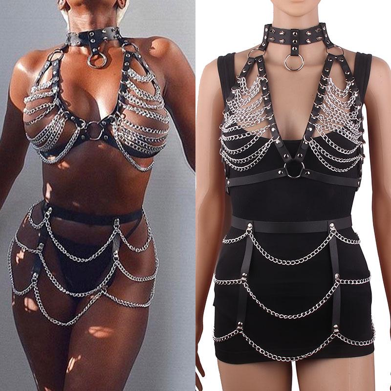 Gargantilla de Cuero Multicapa con Borlas y Cadena de Aleación para Pecho y Cintura, Superventas Transfronteriza