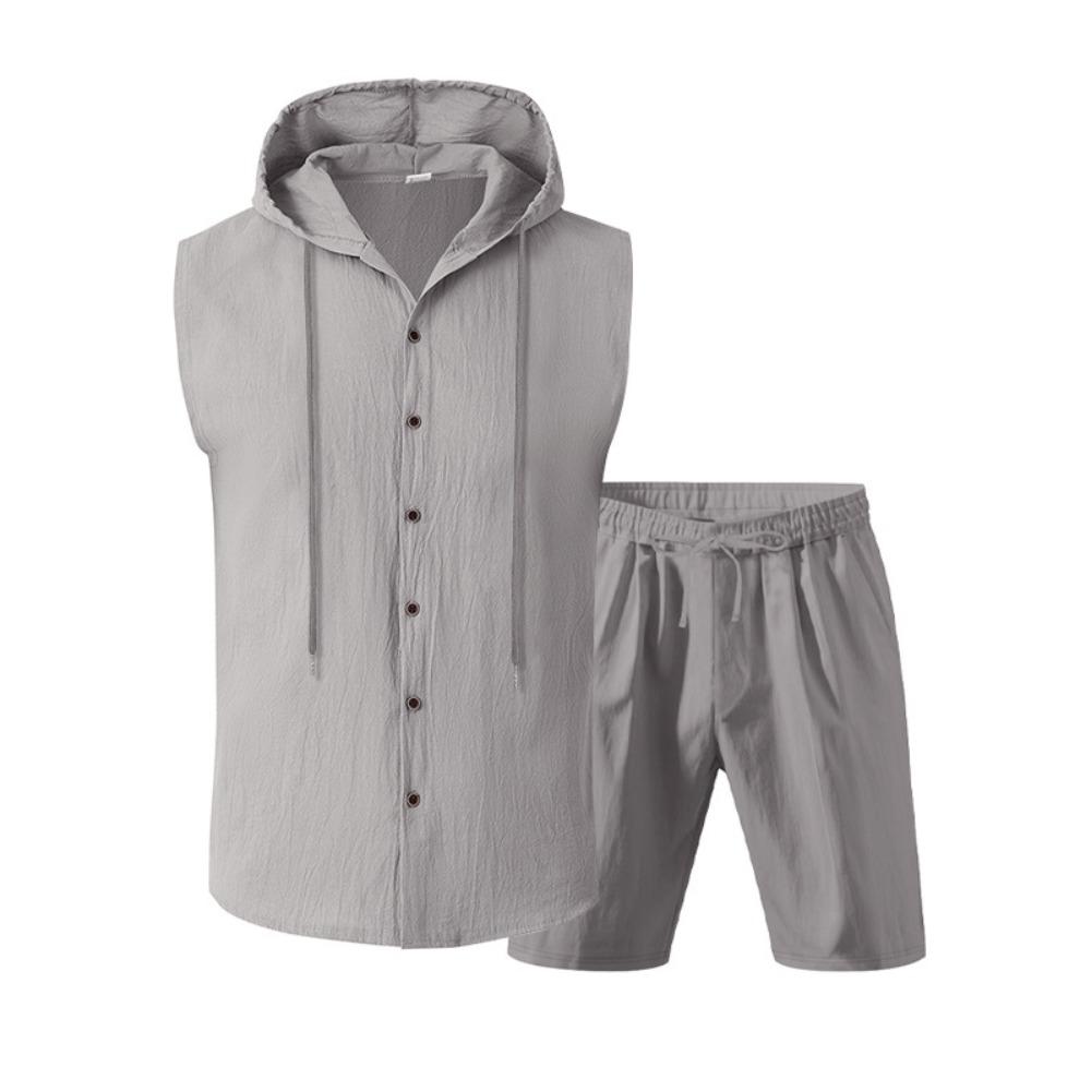 Mens Summer 2 Piece Outfit Shorts Set with Sleeveless Hooded Shirt Top Cotton Beach Casual Loose Fit Comfortable Athletic