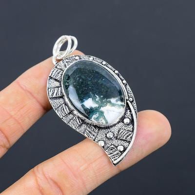 Gift For Her 925 Sterling Silver Natural Solar Solar Moss Agate Gemstone Pendant