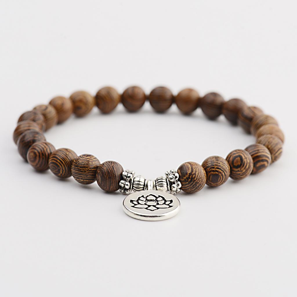 Natural Wood Beads Bracelet Women Men Yoga Meditation Prayer Om Pendant Wooden Jewelry Classic Sliver
