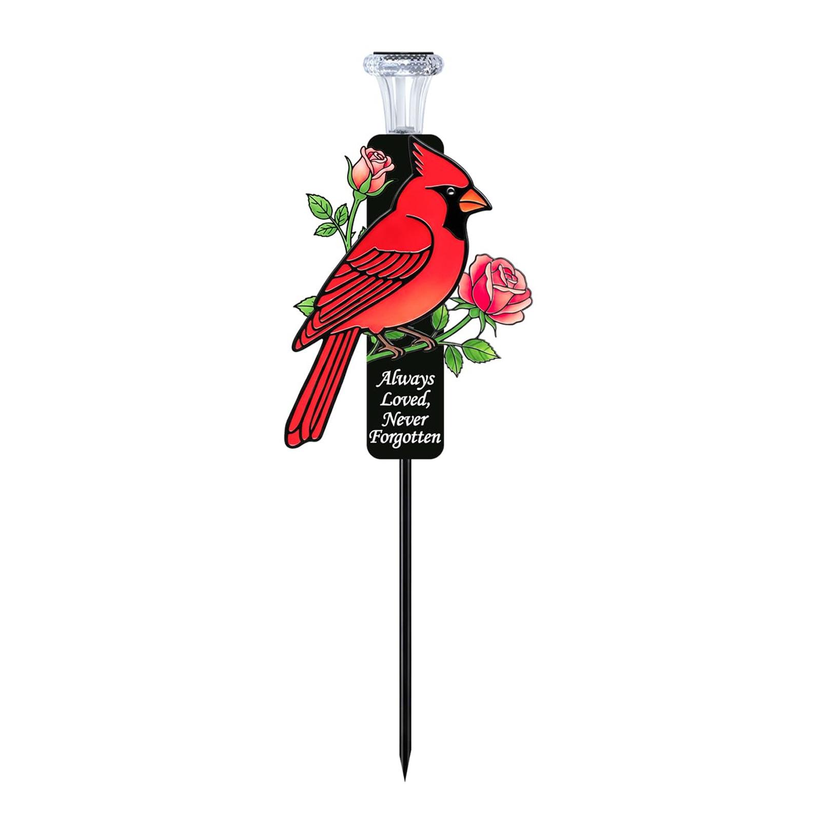 

Solar Powered Memorial Stake Metal Garden Plaque with Cardinal and Rose Design for Cemetery or Outdoor Use Always Loved Never Forgotten One Size