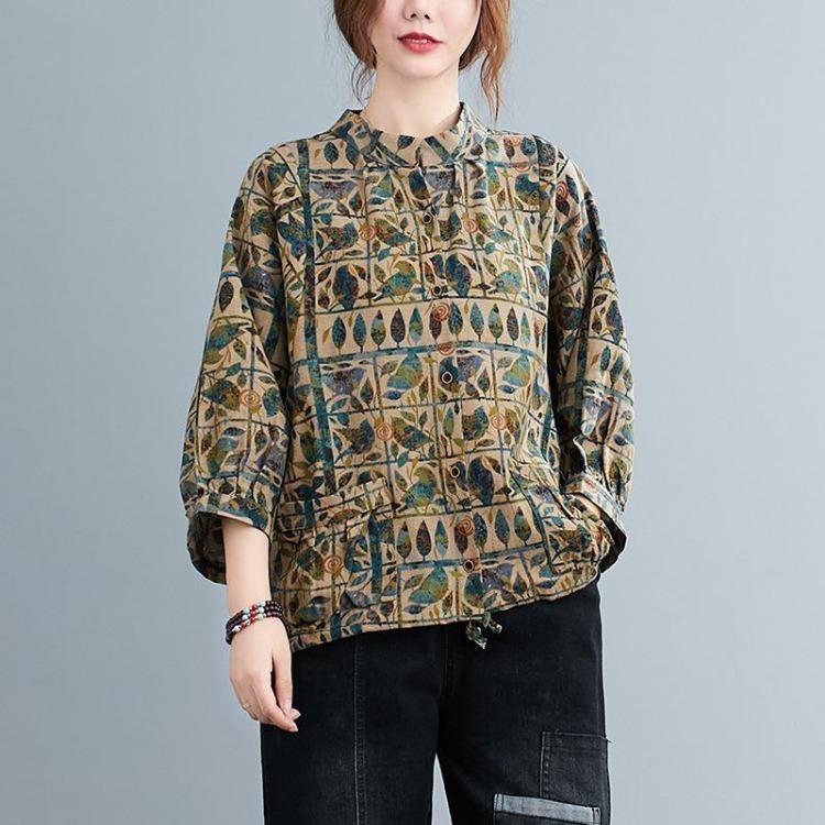 Loose Retro Floral Printed Cotton Linen Blouse Women Top Large Size Spring Autumn Shirt L