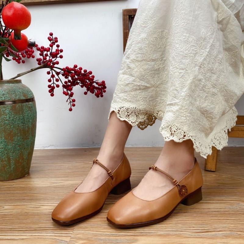 Johnature Genuine Leather Retro Women Shoes Handmade Round Toe Buckle Low Heel Comfortable Pumps